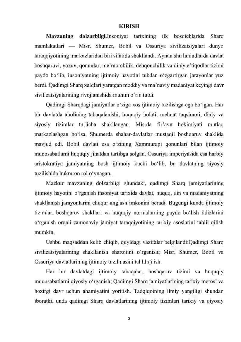 QADIMGI SHARQDA IJTIMOIY HAYOT (QADIMGI MISR, SHUMER, BOBIL, OSSURIYA) 3