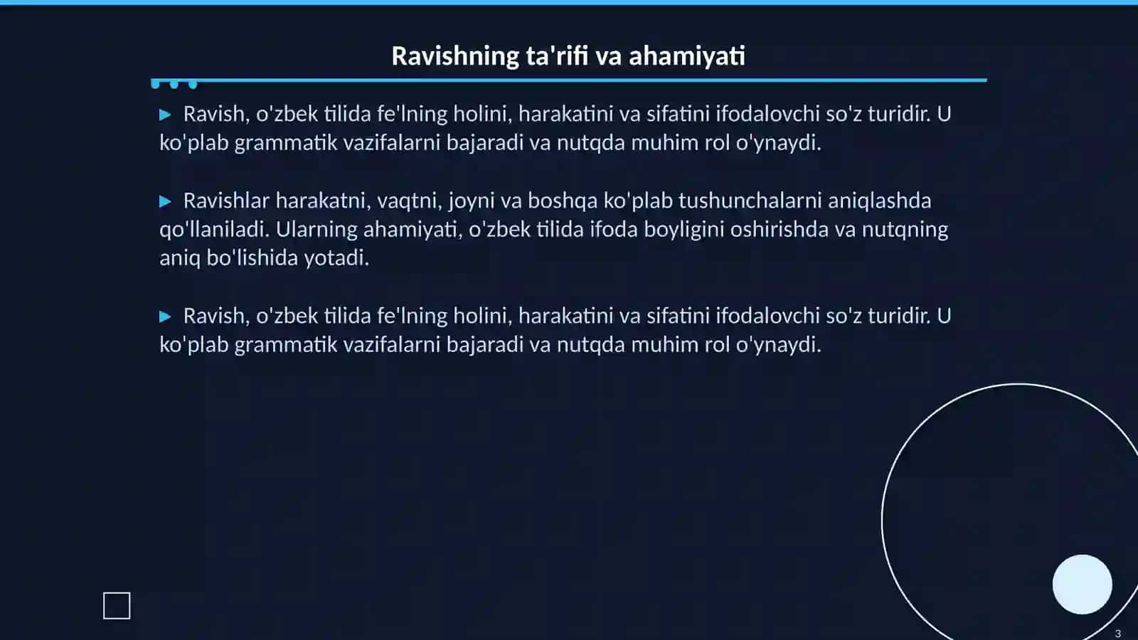 Ravish. Ravishning grammatik ma'nosi,morfologik belgilari va sintaktik vazifasi. Ravishning ma'no turlari 3