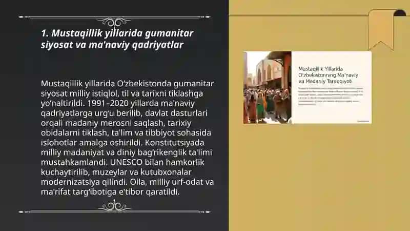 Mustaqillik yillarida O‘zbekistondagi ma'naviy va madaniy taraqqiyot 3