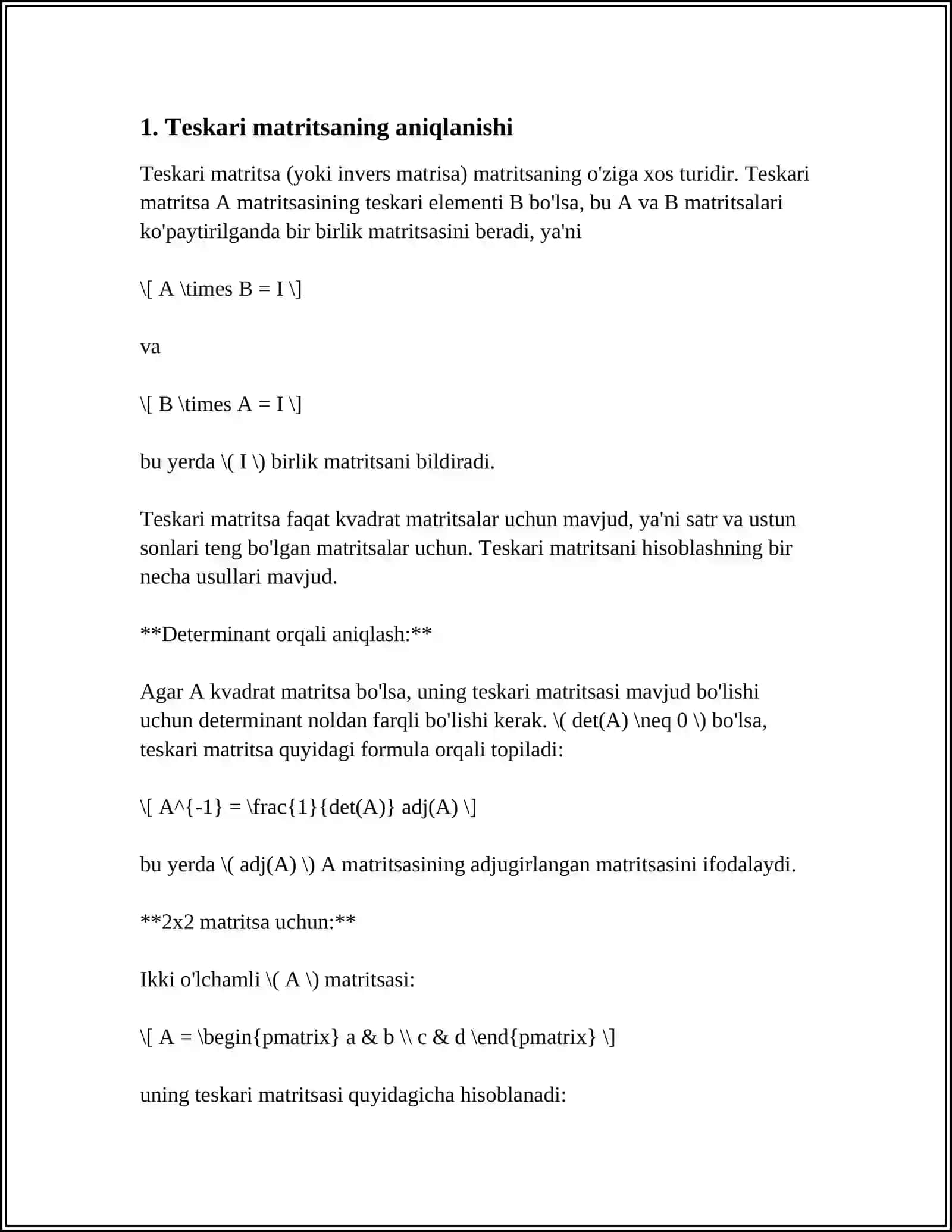 AMALIY MATEMATIKA: TESKARI MATRITSA VA UNGA 5TA MISOL 3