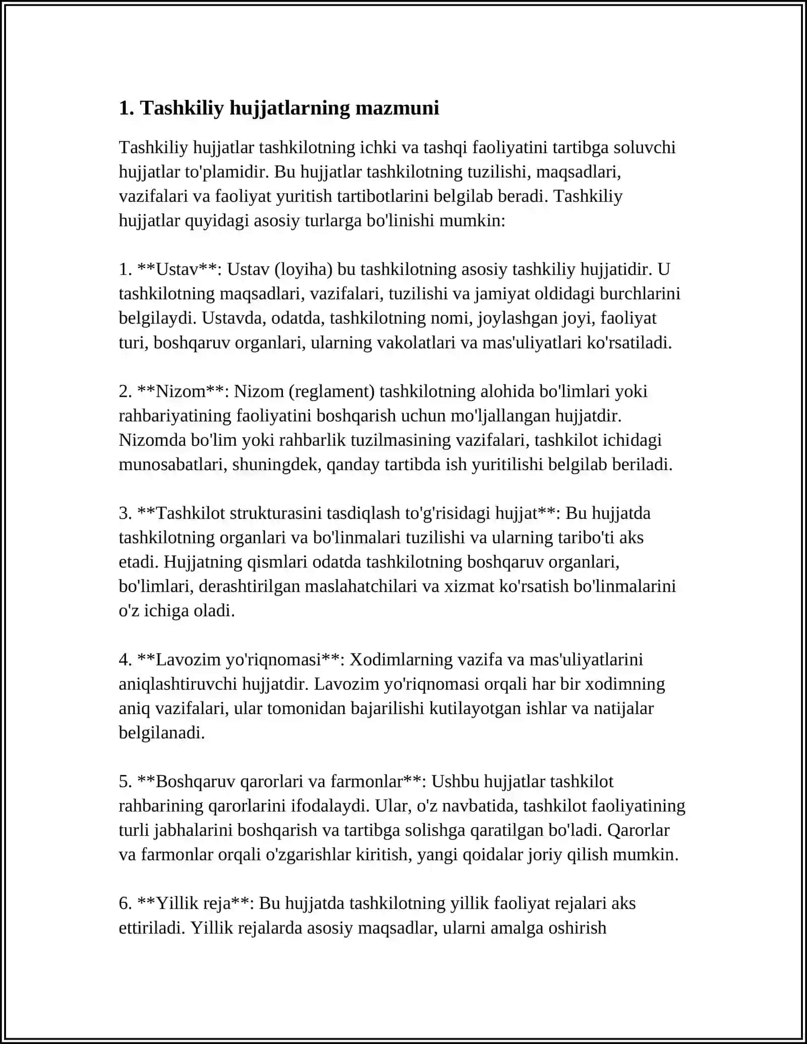 TASHKILIY HUJJATLARNING VAZIFASI. TASHKILIY HUJJATLARNING TURLARI 3