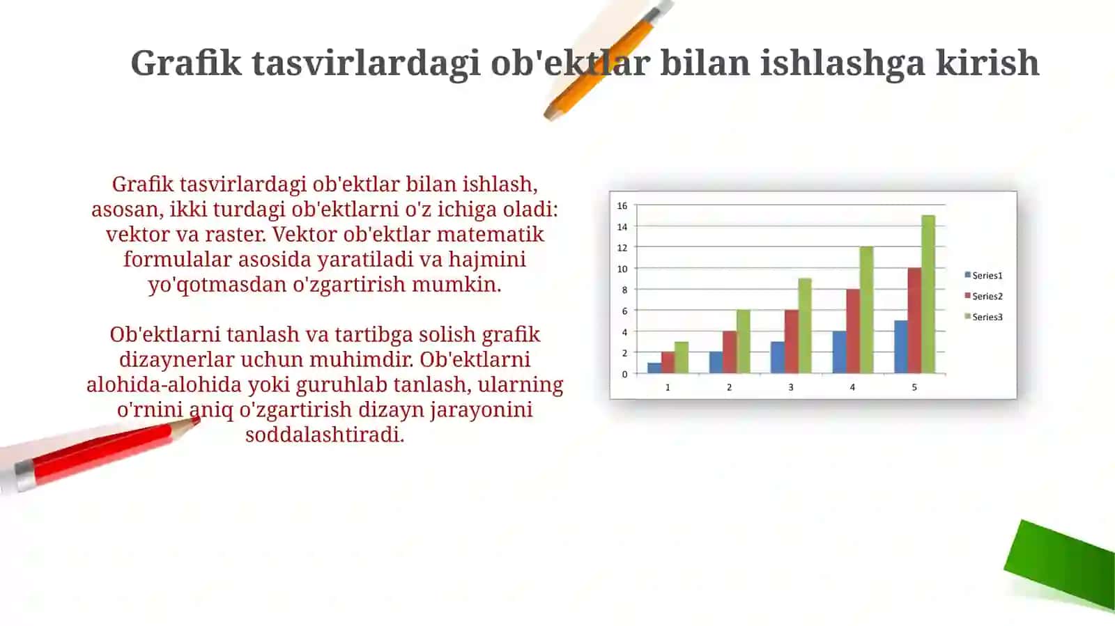 Grafik tasvirdagi obyektlar ustida ishlash. Oddiy grafiklar, diagrammalar, jadvallar. 3