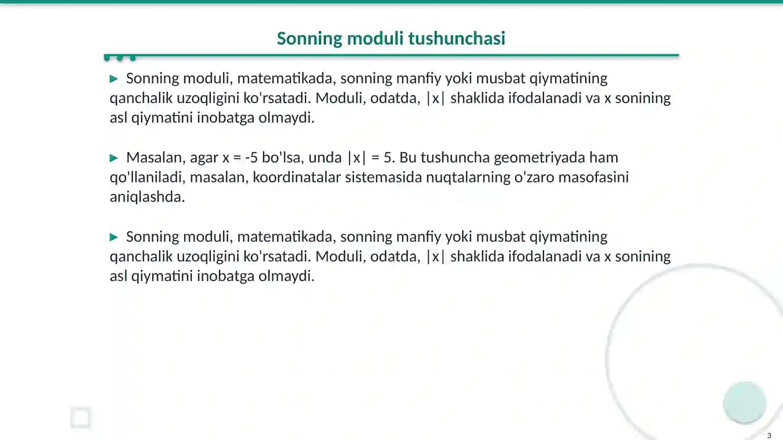Sonning modulini ishlashga doir misollar yechish 3