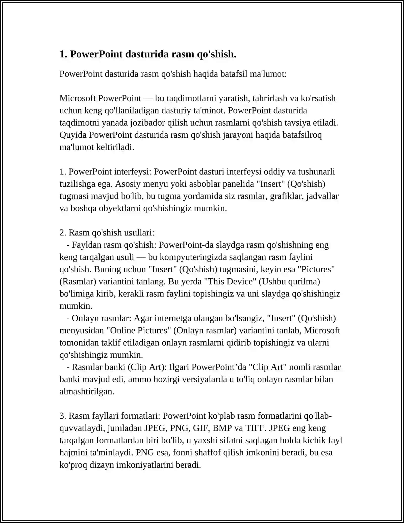 POWERPOINT DASTURIDA RASMLAR, JADVALLAR VA DIAGRAMMALAR BILAN ISHLASH 3