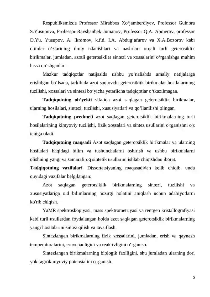 Azot saqlagan geterotsiklik birikmalar hosilalarining tuzilishi, xossalari va sintezi bo'yicha magistrlik dissertatsiyasi 3