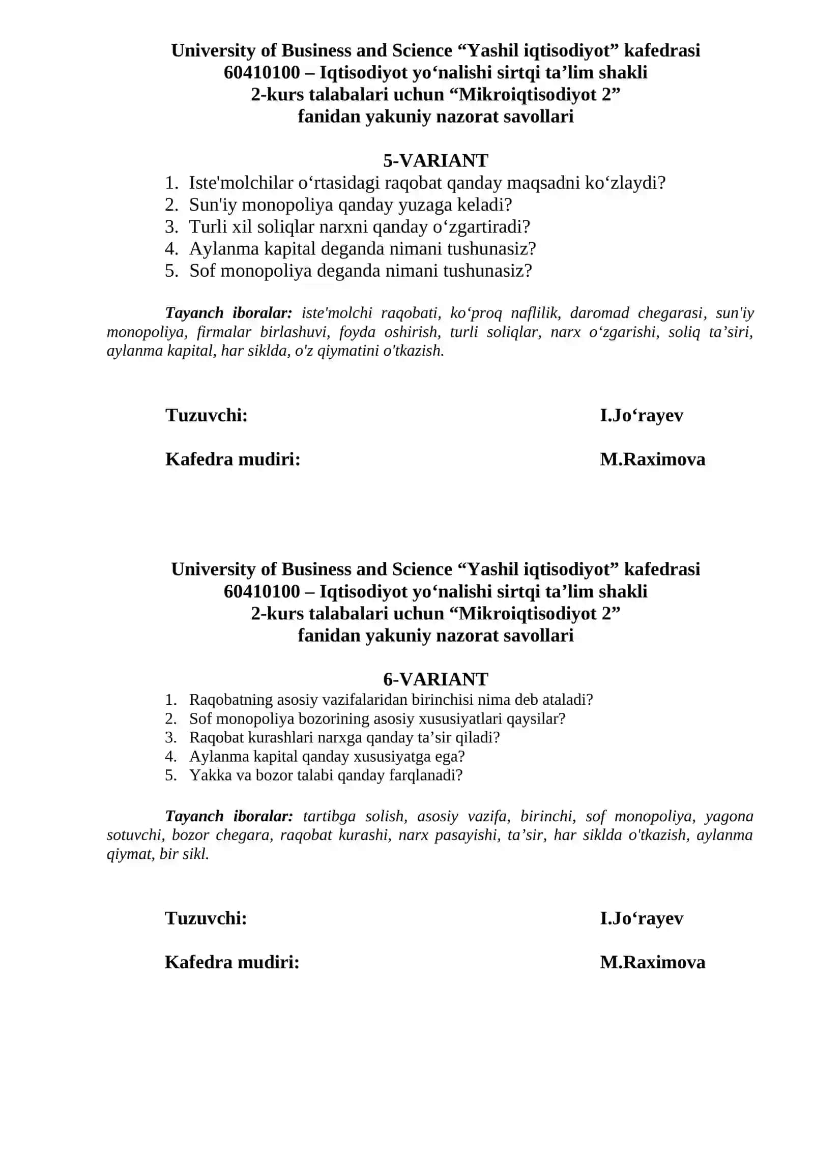 Mikroiqtisodiyot 2 Yakuniy nazorat savollari 3