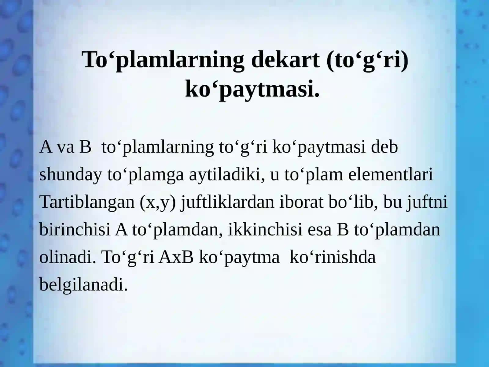 To`plamlarning dekart ko’paytmasi 3
