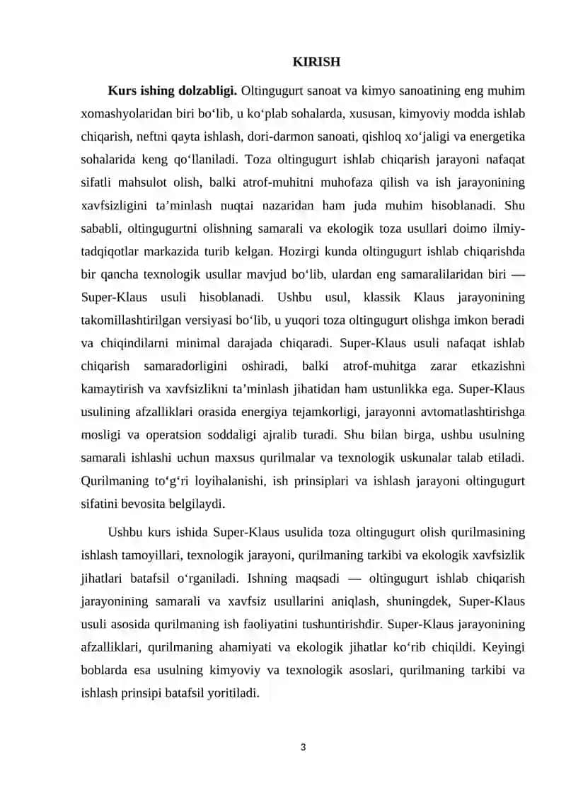 Super-Klaus usulida toza oltingugurt olish qurilmasi tavsifi 3
