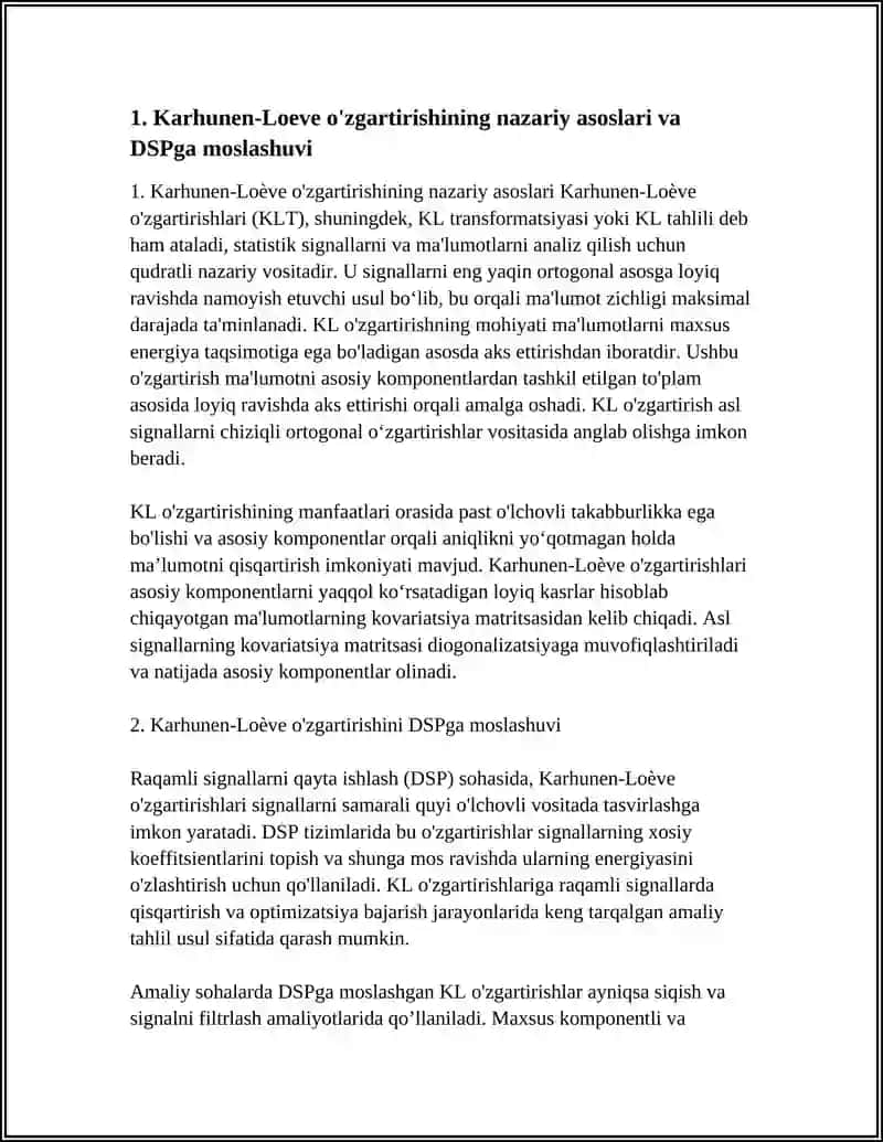 KARHUNEN-LOEVE ÒZGARTIRISHINI DSP DA AMALIY QÒLLASH 3