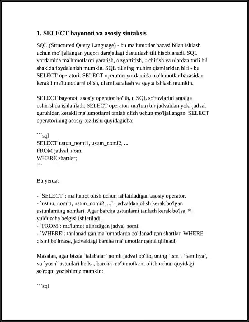 SQL--SO'ROVLAR YARATISH 3