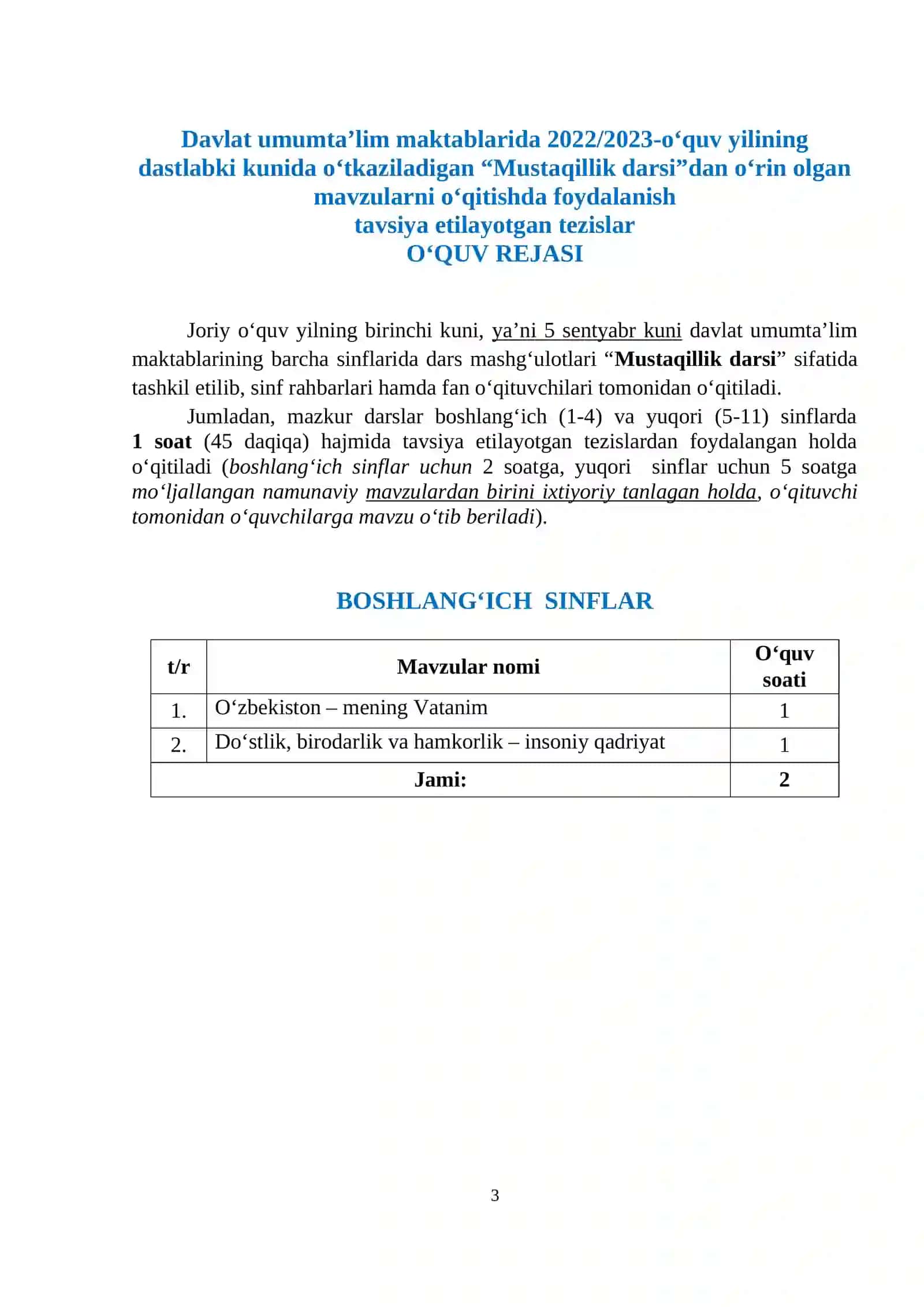 Mustaqillik darsi mavzulari 3