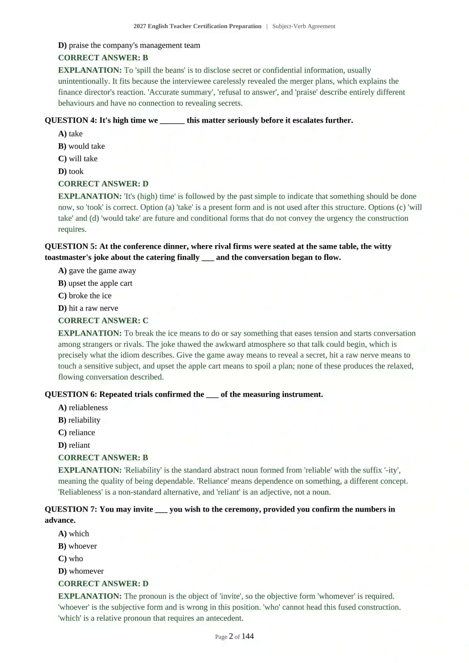 2027 English Teacher Certification Preparation | Subject-Verb Agreement 3