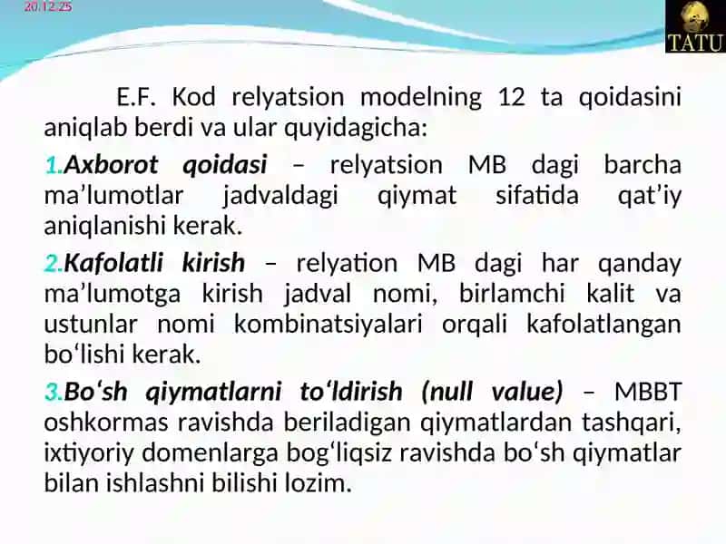 Relyatsion ma’lumot modeli. 3
