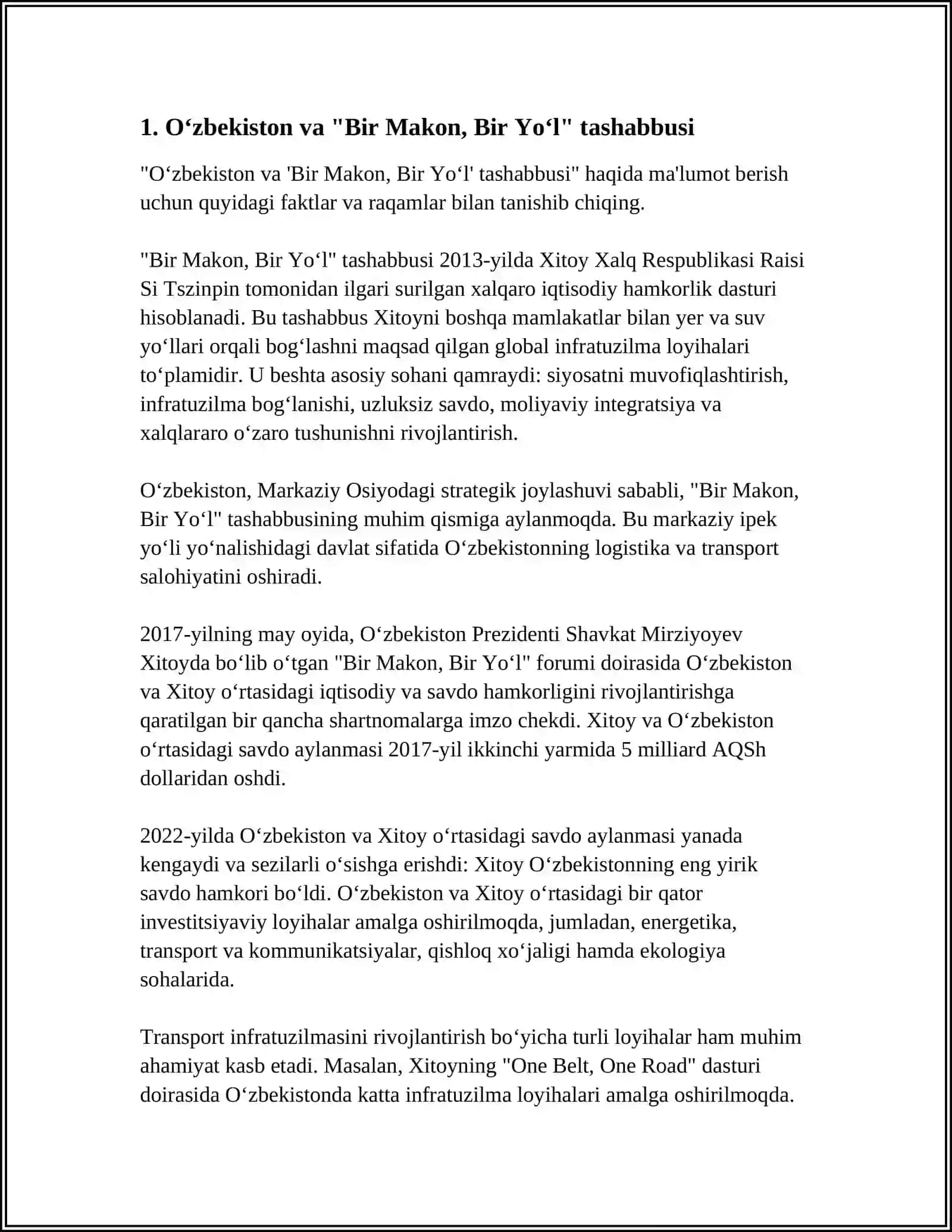 OʻZBEKISTON "BIR MAKON BIR YOʻL" XALQARO FORUMINING ISHTIROKCHISI 3