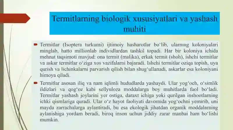 Termitlarning biozararlashdagi roli va ularga qarshi kurashish 3