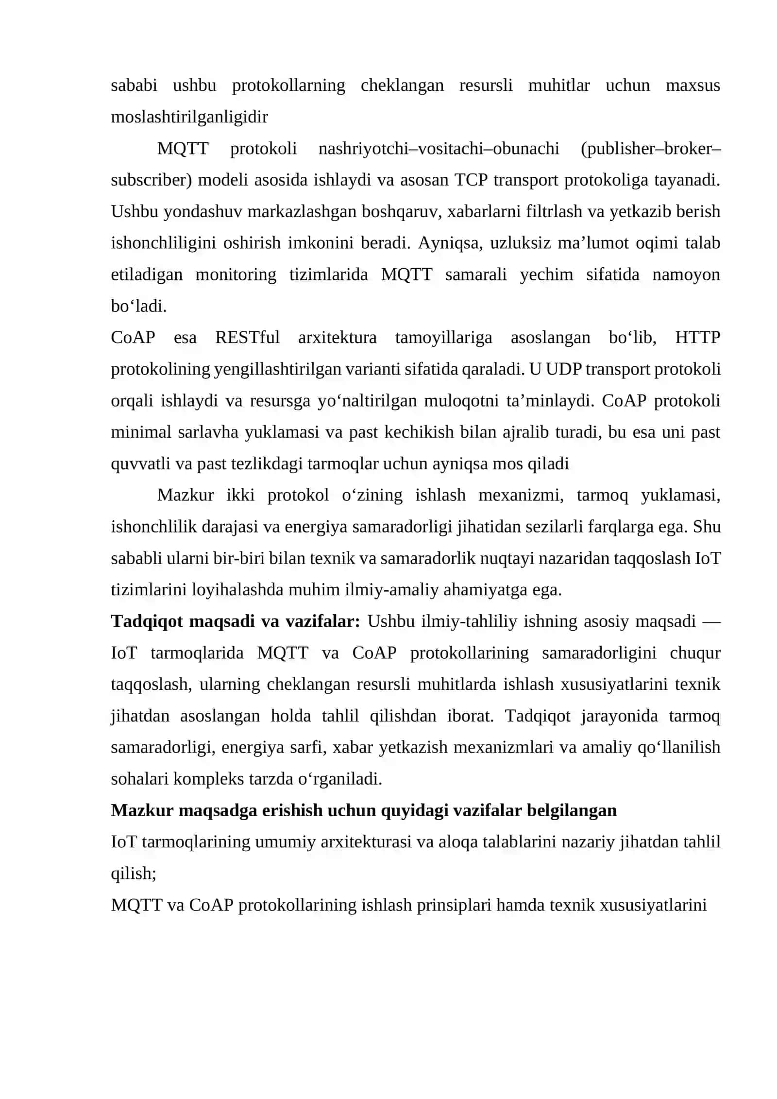 IOT TARMOQLARIDA MQTT VA COAP PROTOKOLLARINING SAMARADORLIGINI TAQQOSLASH 3