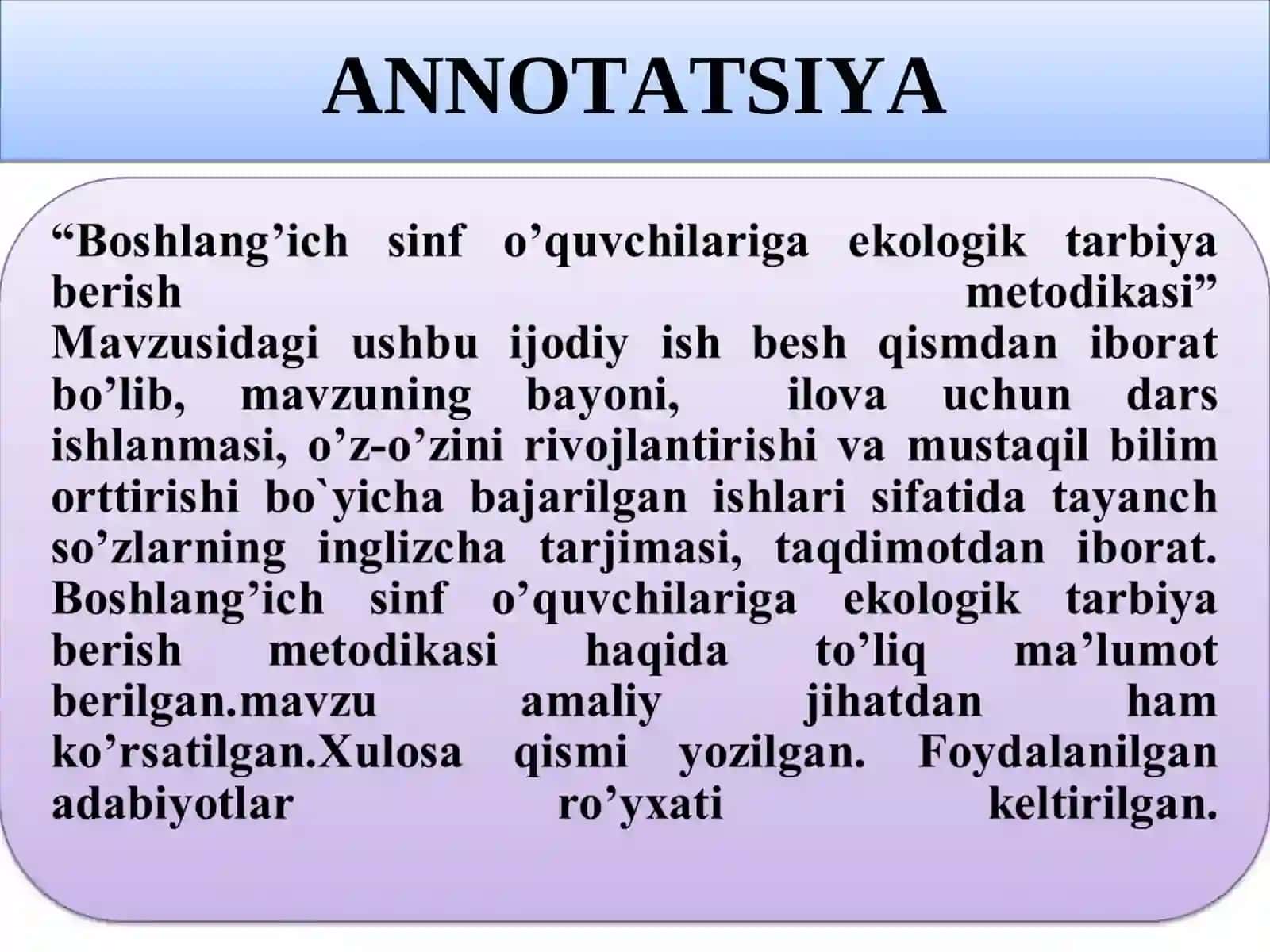 “BOSHLANG’ICH SINF O’QUVCHILARIGA EKOLOGIK TARBIYA BERISH METODIKASI” 3