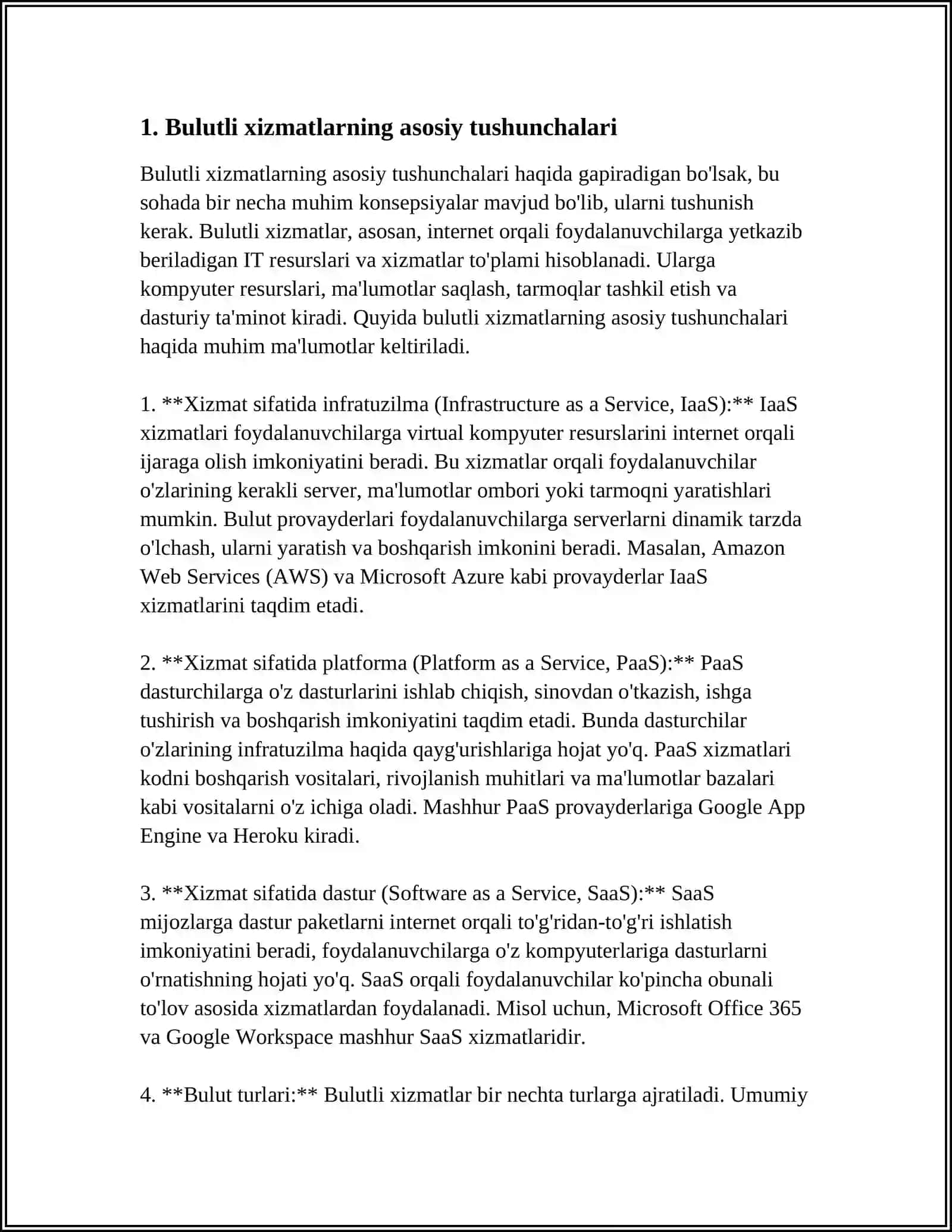 BULUTLI XIZMATLAR VA ULARNING IMKONIYATLARIDAN FOYDALANISHNI OʼRGATADIGAN AMALIY QOʼLLANMA TAYYORLASH 3