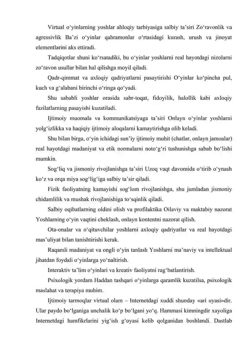 VIRTUAL O‘YINLARNI YOSHLAR ONGIDA VA AHLOQIY TARBIYASIGA SALBIY TA‘SIRI 3
