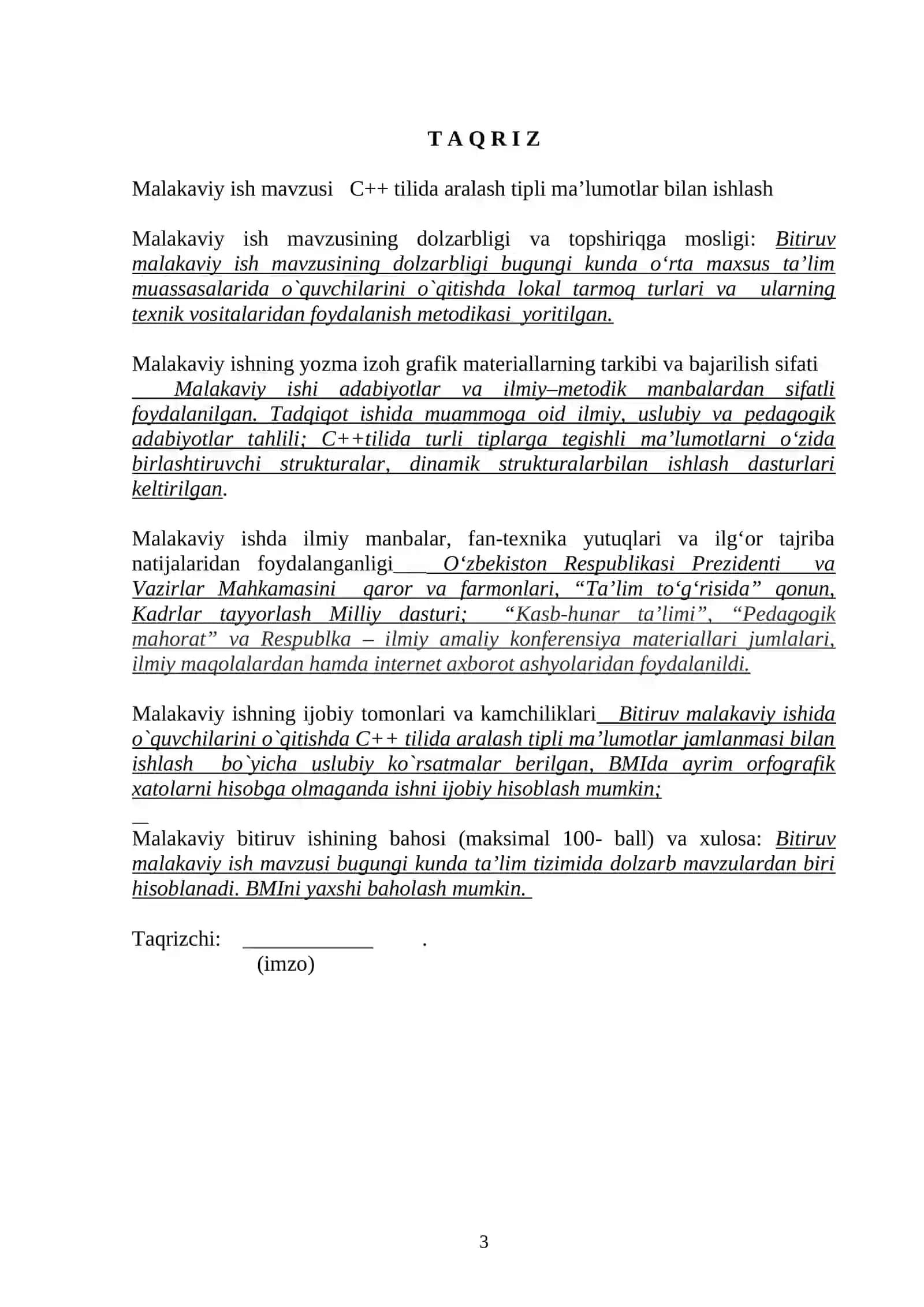 C++ tilida aralash tipli ma’lumotlar bilan ishlash mavzusida 3