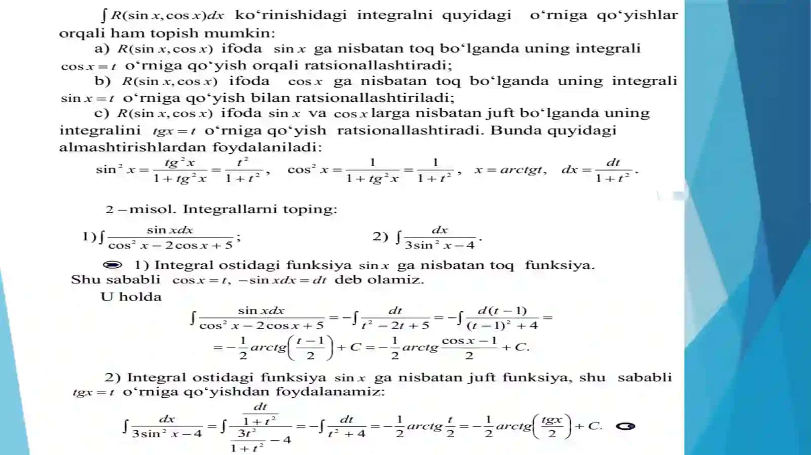 Trigonometrik funksiyalar qatnashgan ba’zi integrallarni integrallash 3