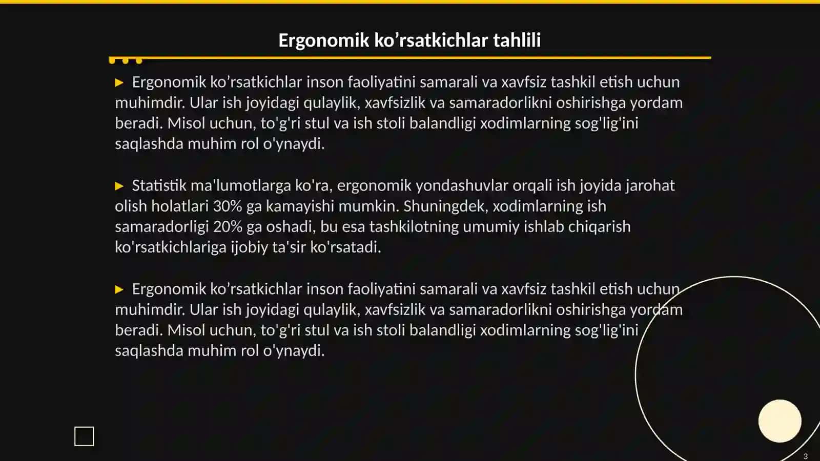 Ergonomik ko’rsatkichlar tahlili 3