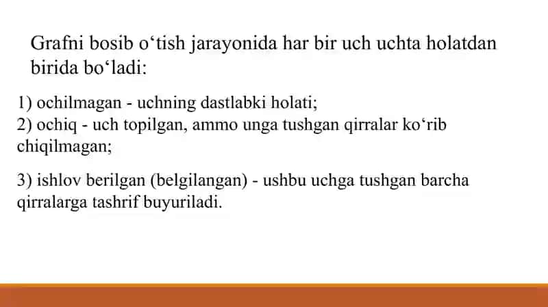 BFS va DFS algoritmlari. Grafda bog`lanish komponentlari. 3