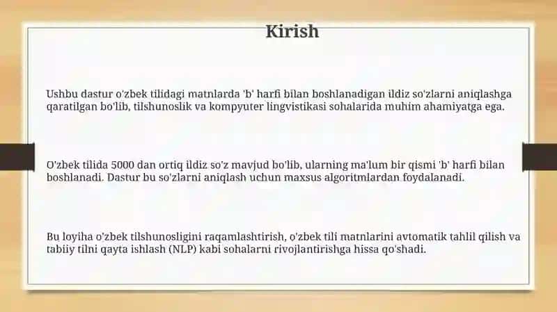 Oʻzbek tilida “B” harfi bilan boshlanuvchi oʻzak soʻzlarni aniqlovchi dastur 3