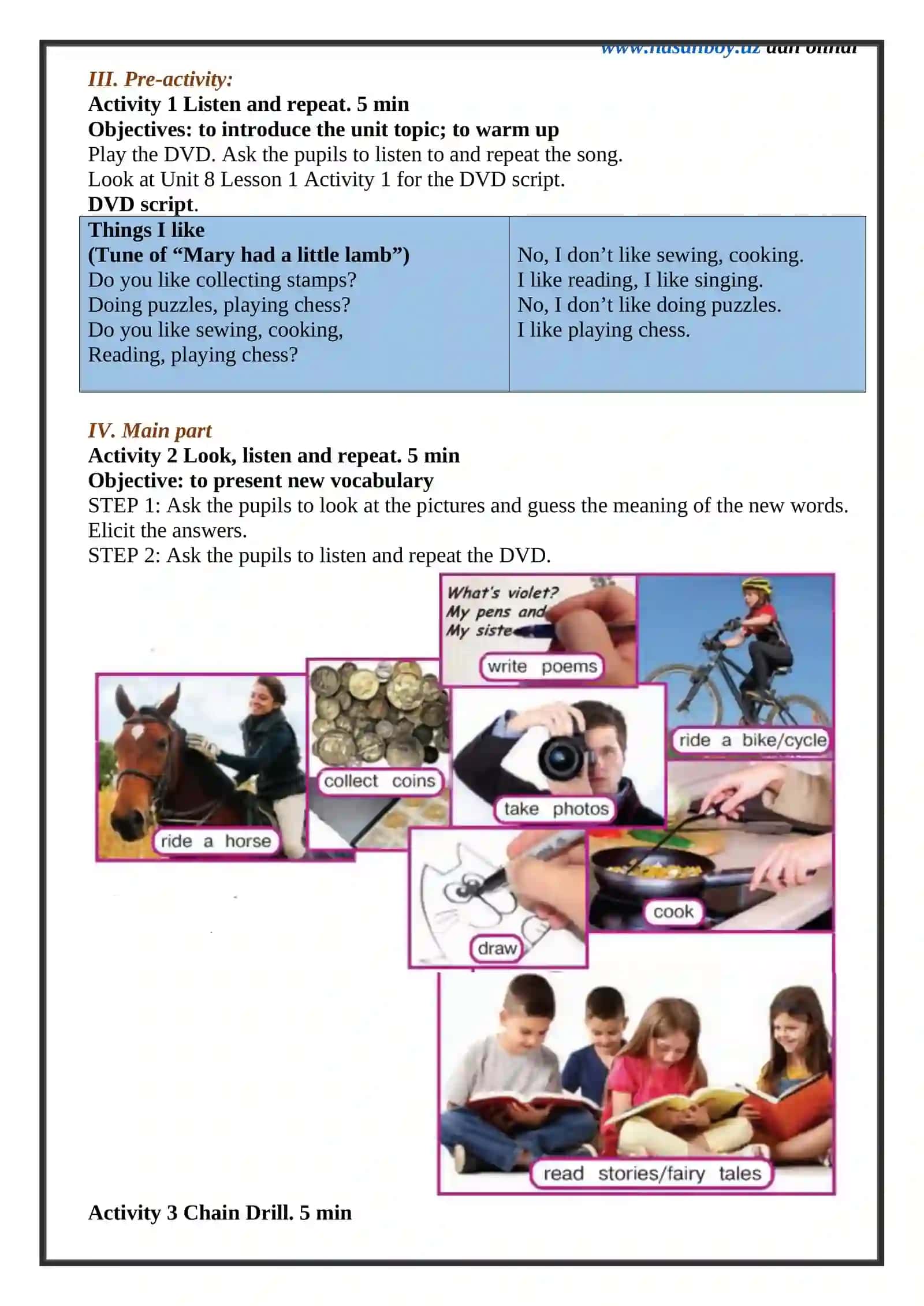 Ingliz tili fani o'qituvchisi 5-sinflar uchun Unit 8. Lesson 2 Do you have a hobby? mavzusida 1 soatlik Dars ishlanmasi 3
