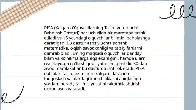 PISA (Xalqaro O'quvchilarning Ta'lim yutuqlarini Baholash Dasturi) 3