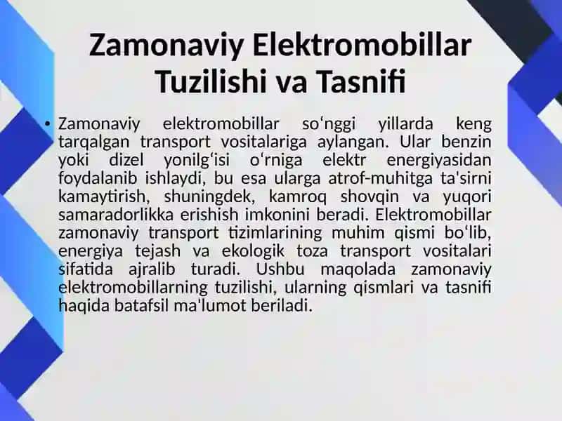 Zamonaviy Elektromobillar Tuzilishi va Tasnifi 3