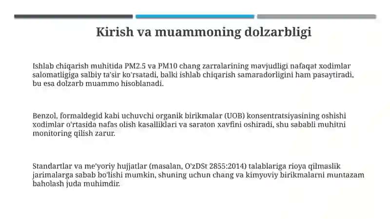 Ishlab chiqarish muhiti havosida chang va kimyoviy birikmalarni aniqlash va baholash 3