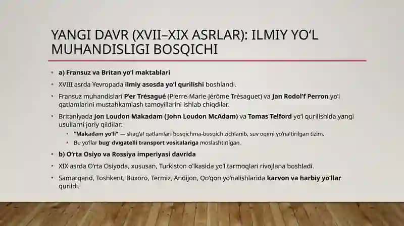 YO‘L MUHANDISLIGI TARIXI VA RIVOJLANISH BOSQICHLARI 3
