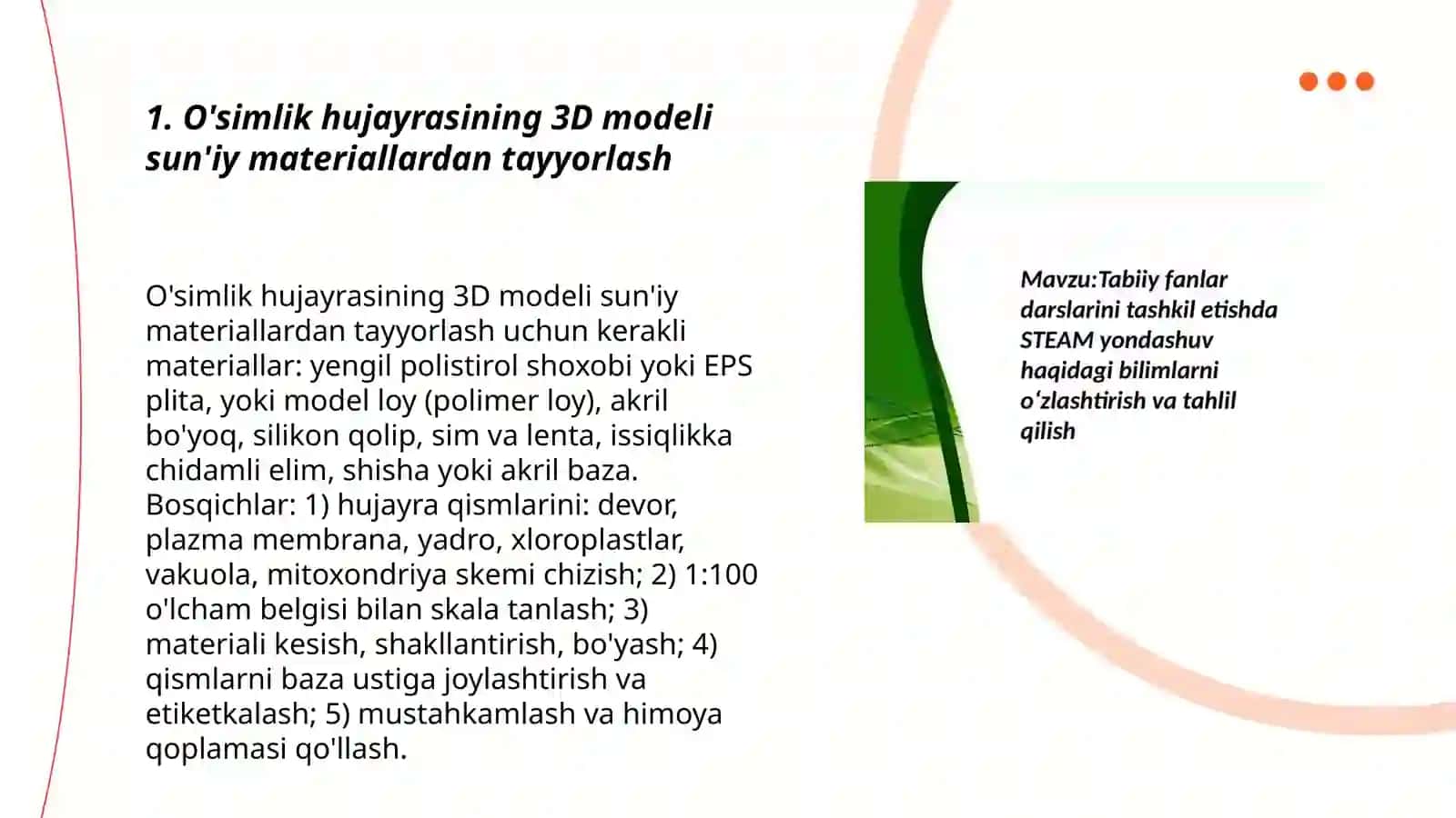 O'simlik hujayrasining 3D modeli sun'iy materiallardan tayyorlash 3