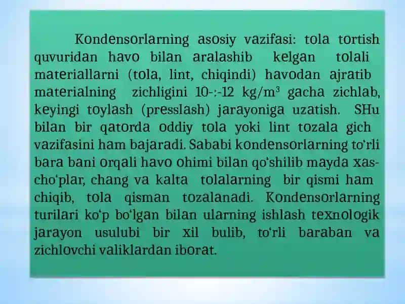 Kondensorishchi parametrlarini tanlash va o‘rnatish 3