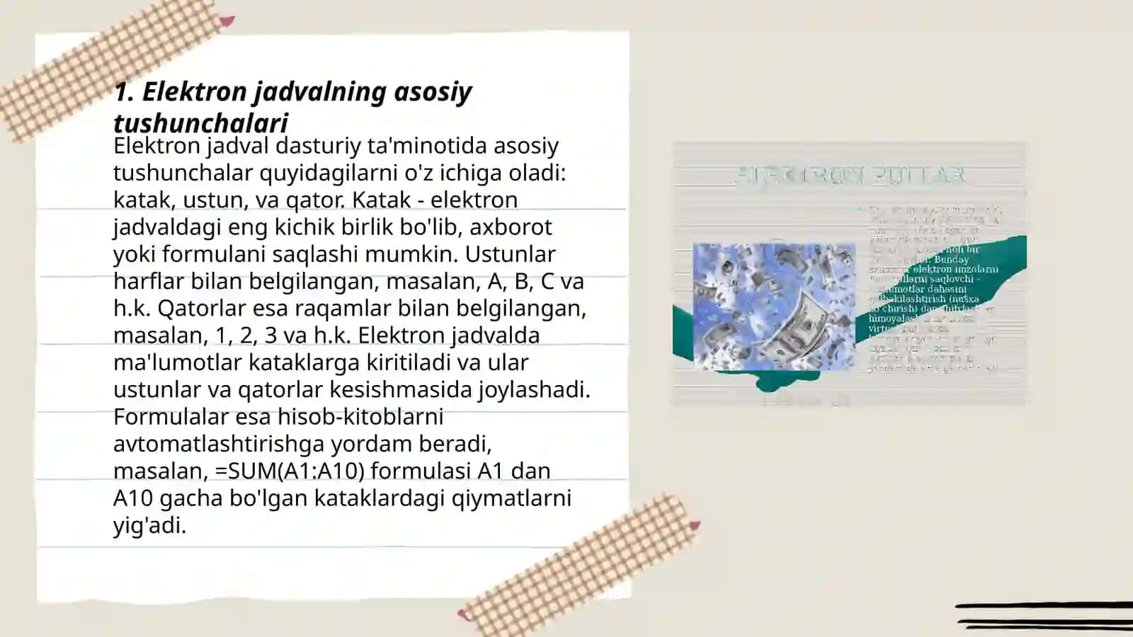 Elektron jadvalning imkoniyatlari va vazifalari toʻgʻrisida 3