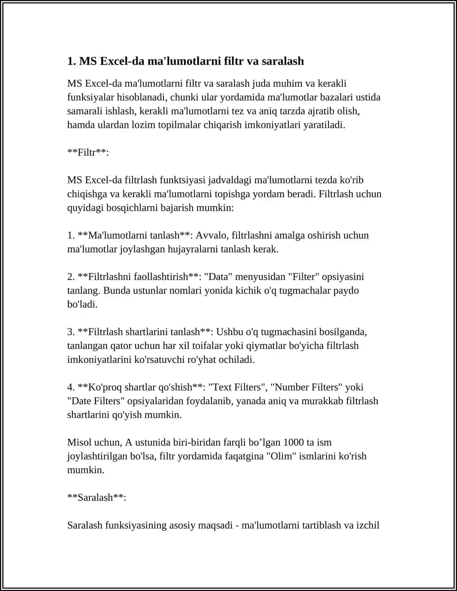 MS EXCEL DASTRUIDA STATISTIC TAHLILLAR QILISH VA YECHIMLAR QIDIRISH, FUNKSIYALAR BILAN ISHLASH 3