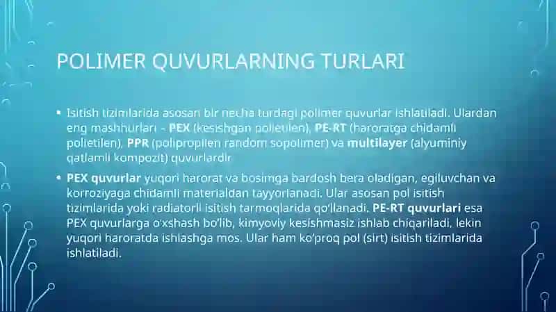 Isitish tizimida polimer quvurlardan foydalanish 3
