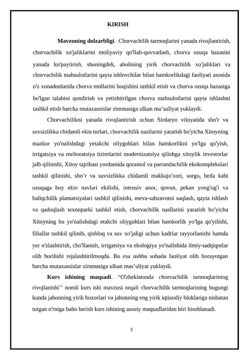 O‘ZBEKISTONDA CHORVACHILIK TARMOQLARINING RIVOJLANISHI kurs ishi 3