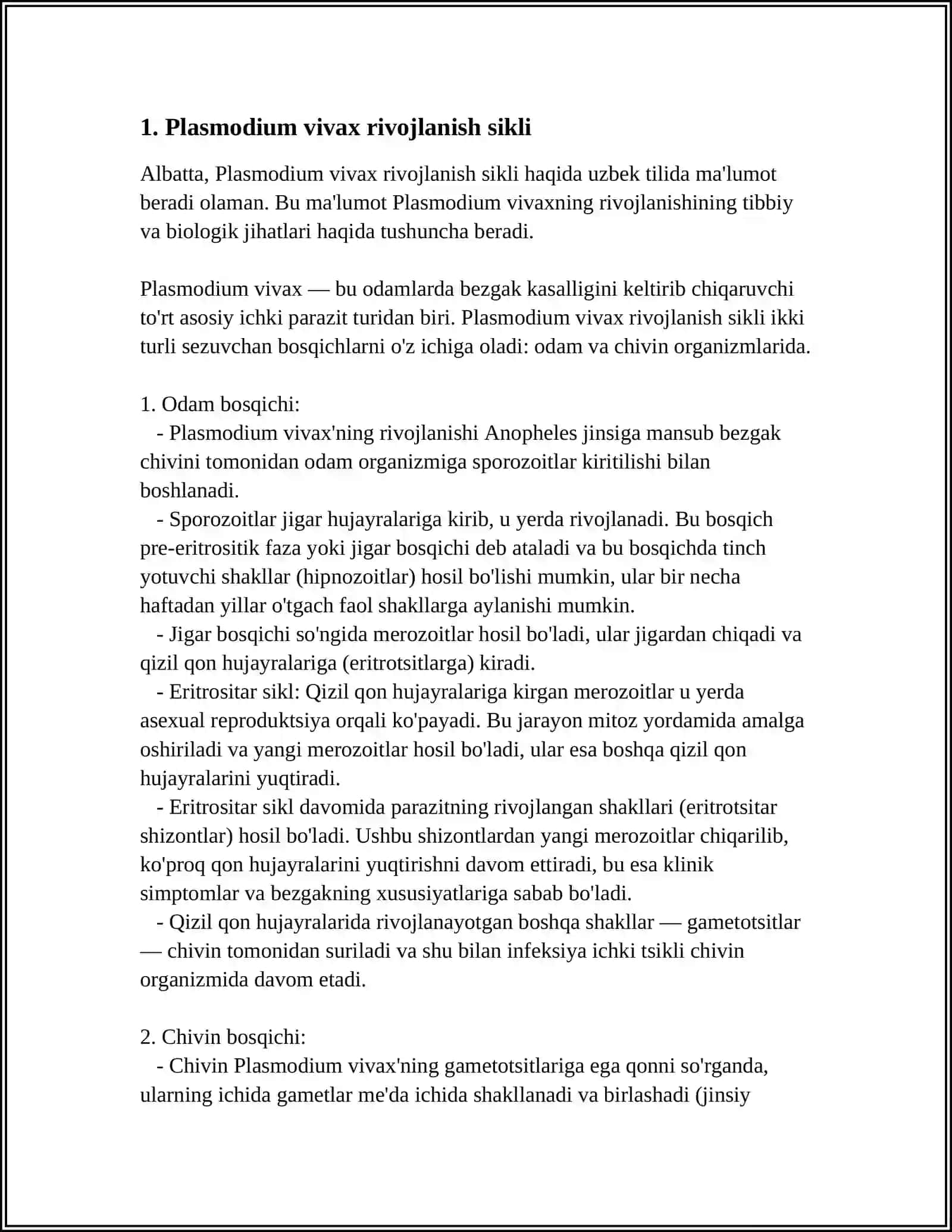 PLASMODIUM VIVAX RIVOJLANISH SIKLI 3
