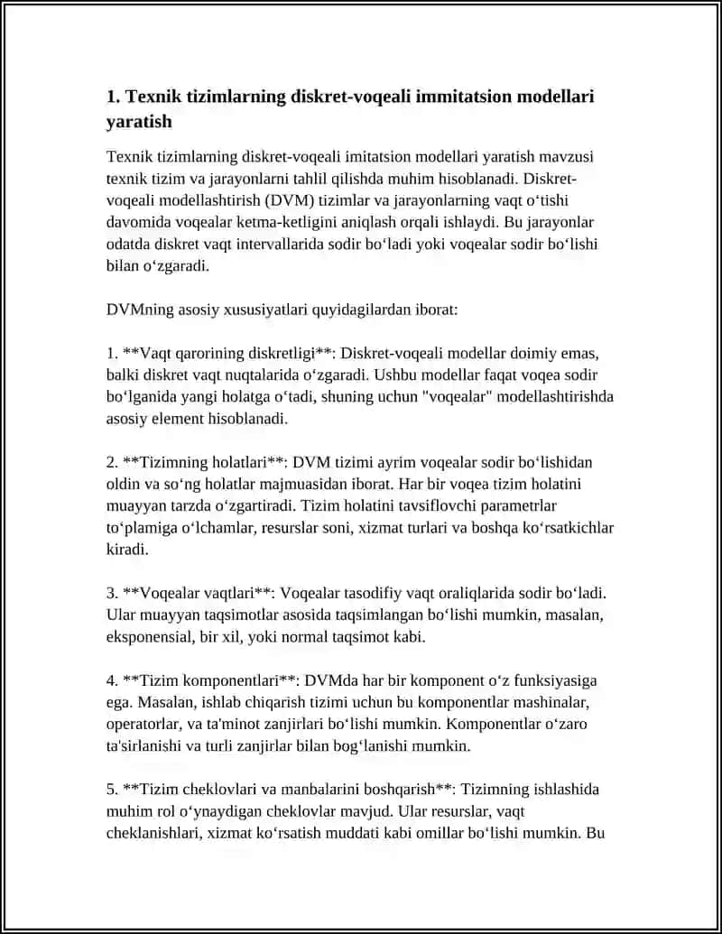 TEXNIK OBYEKTLARGA IMMITATSION MODELLARNI YARATISH VA TAHLIL ETISH 3
