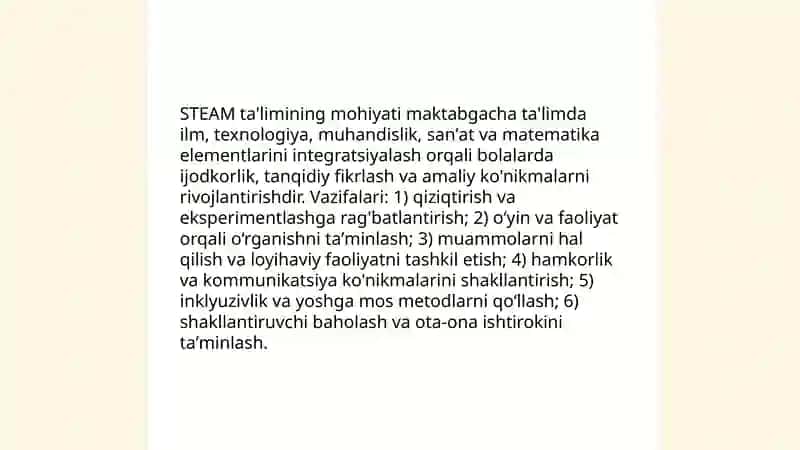 Maktabgacha taʼlimda STEAM ta'lim tehnologiya fanining umumiy asoslari predmeti va vazifalari 3