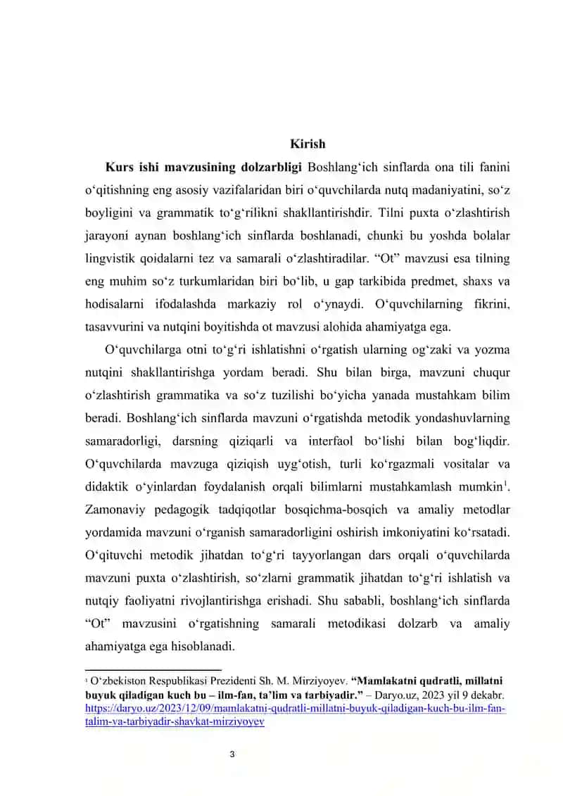 Boshlang‘ich sinflarda ‘Ot’ mavzusini o‘rgatish metodikasi kurs ishi 3