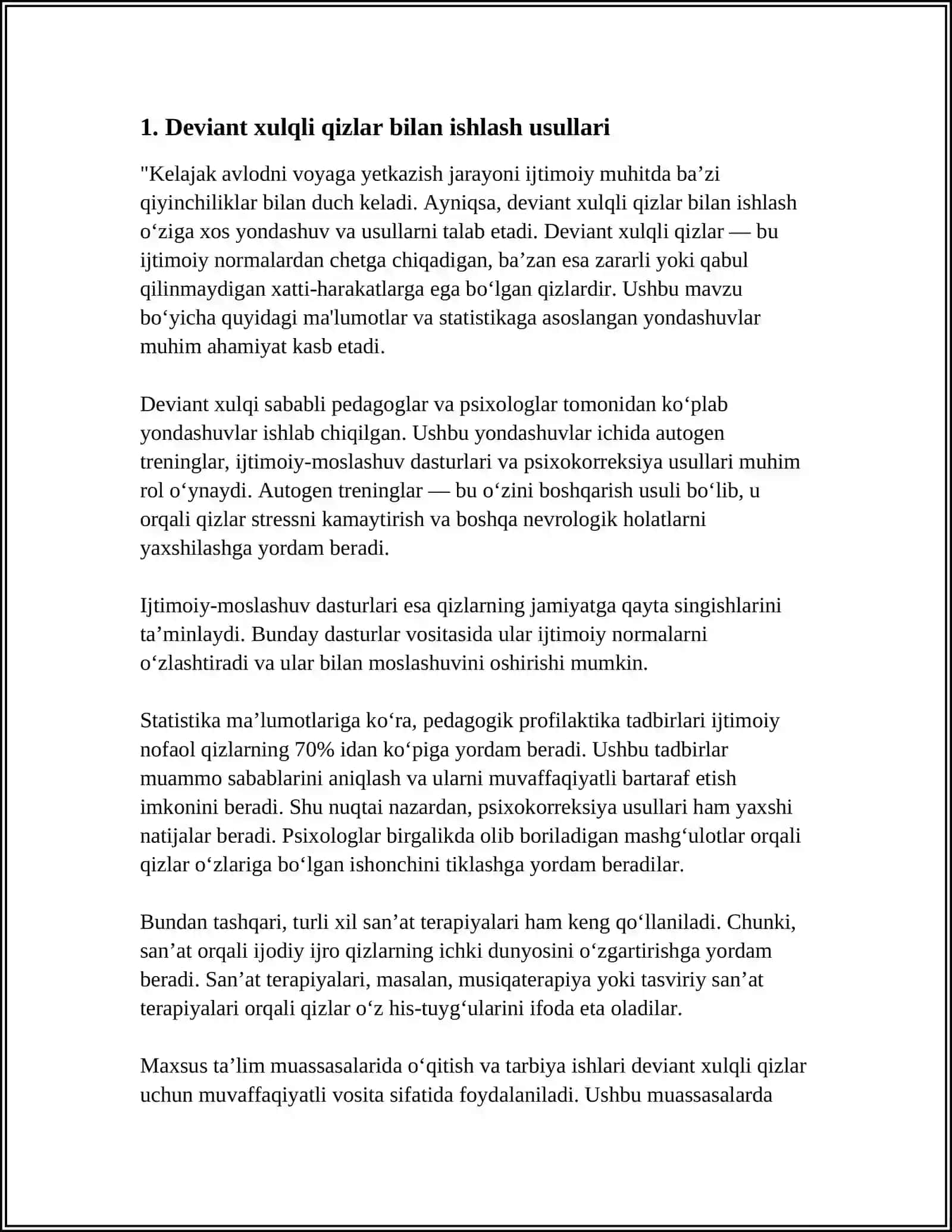 DEVIANT XULQ ATVORLI QIZLARGA PSIXOLOGIK XIZMAT KO'RSATISH 3