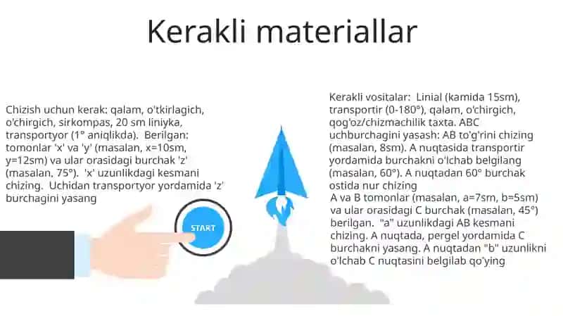 Ikki tomoni va ular orasidagi burchagi bo'yicha uchburchak yasash 3