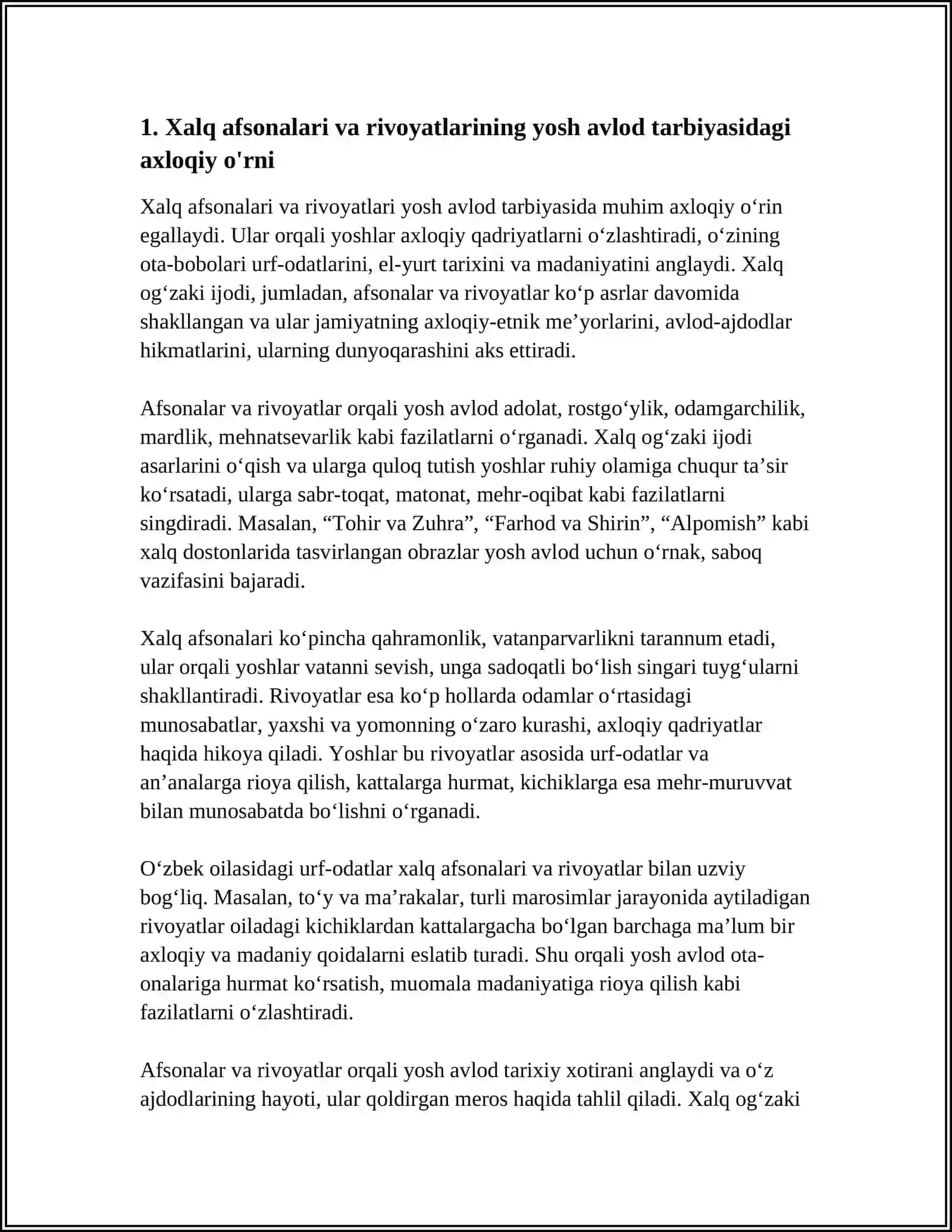 YOSH AVLOD TARBIYASIDA XALQ AFSONA VA RIVOYATLARINING O’RNI. O’ZBEK OILASIDAGI URF-ODATLAR 3