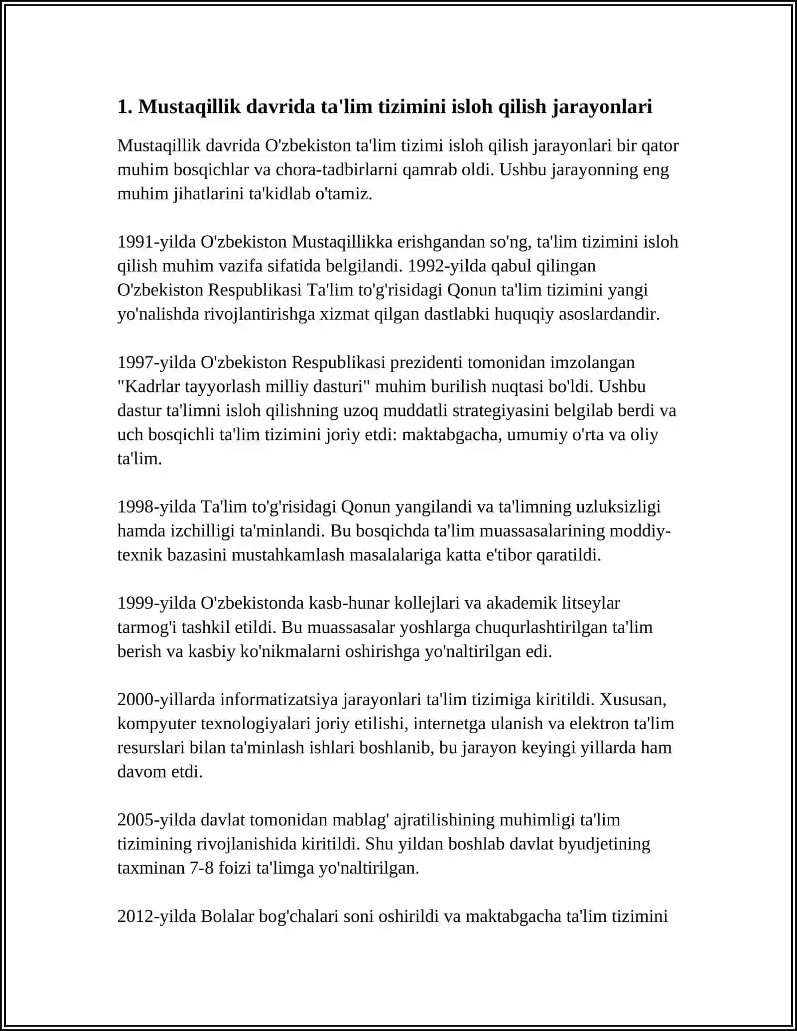 MUSTAQILLIK YILLARIDA O'ZBEKISTONDA TA'LIM SOHASIDAGI ISLOHOTLAR 3