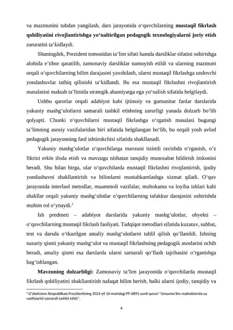 ADABIYOT DARSLARIDA YAKUNIY MASHG‘ULOT 3