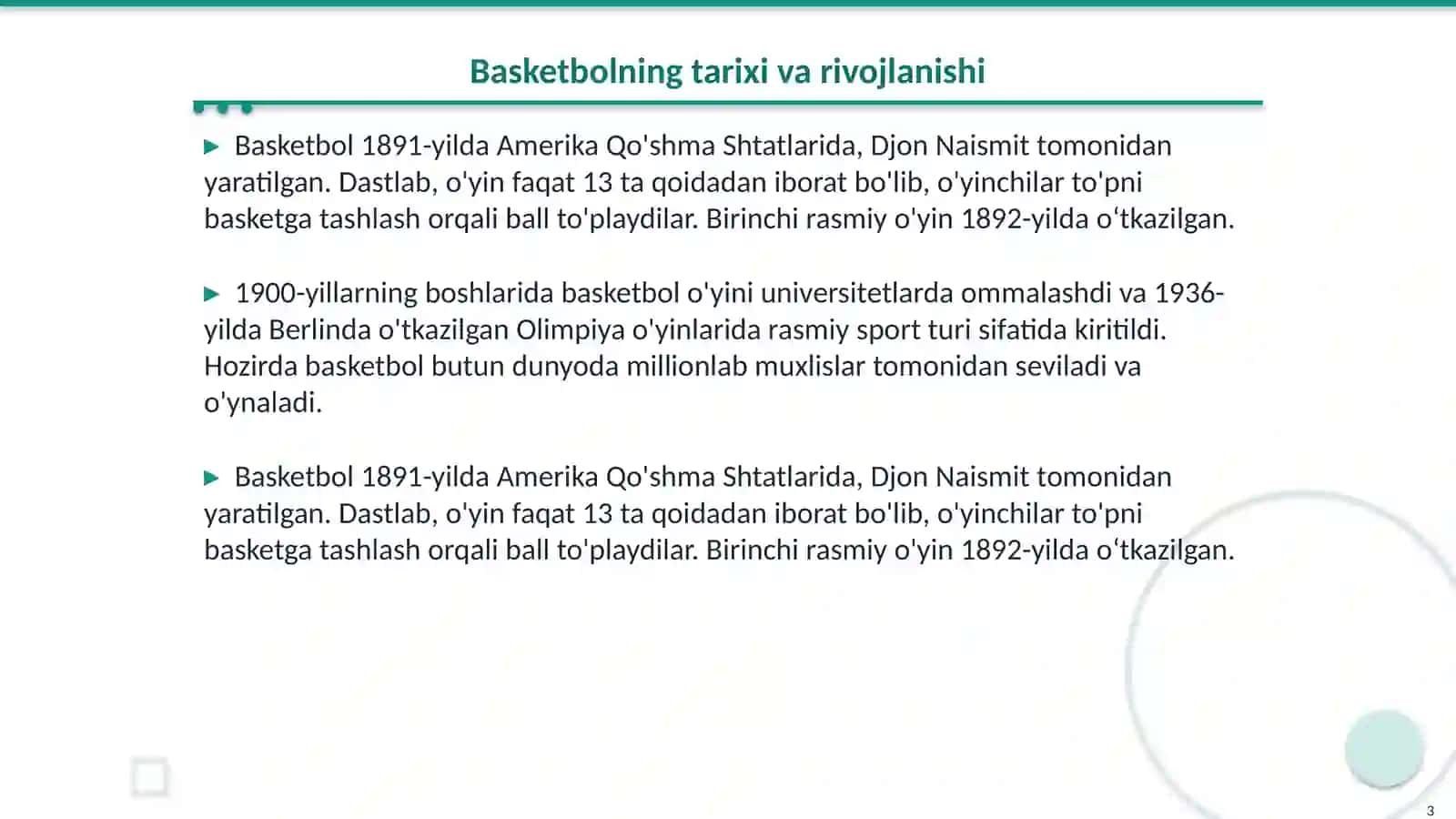 Basketbol sport turi bo'yicha 3