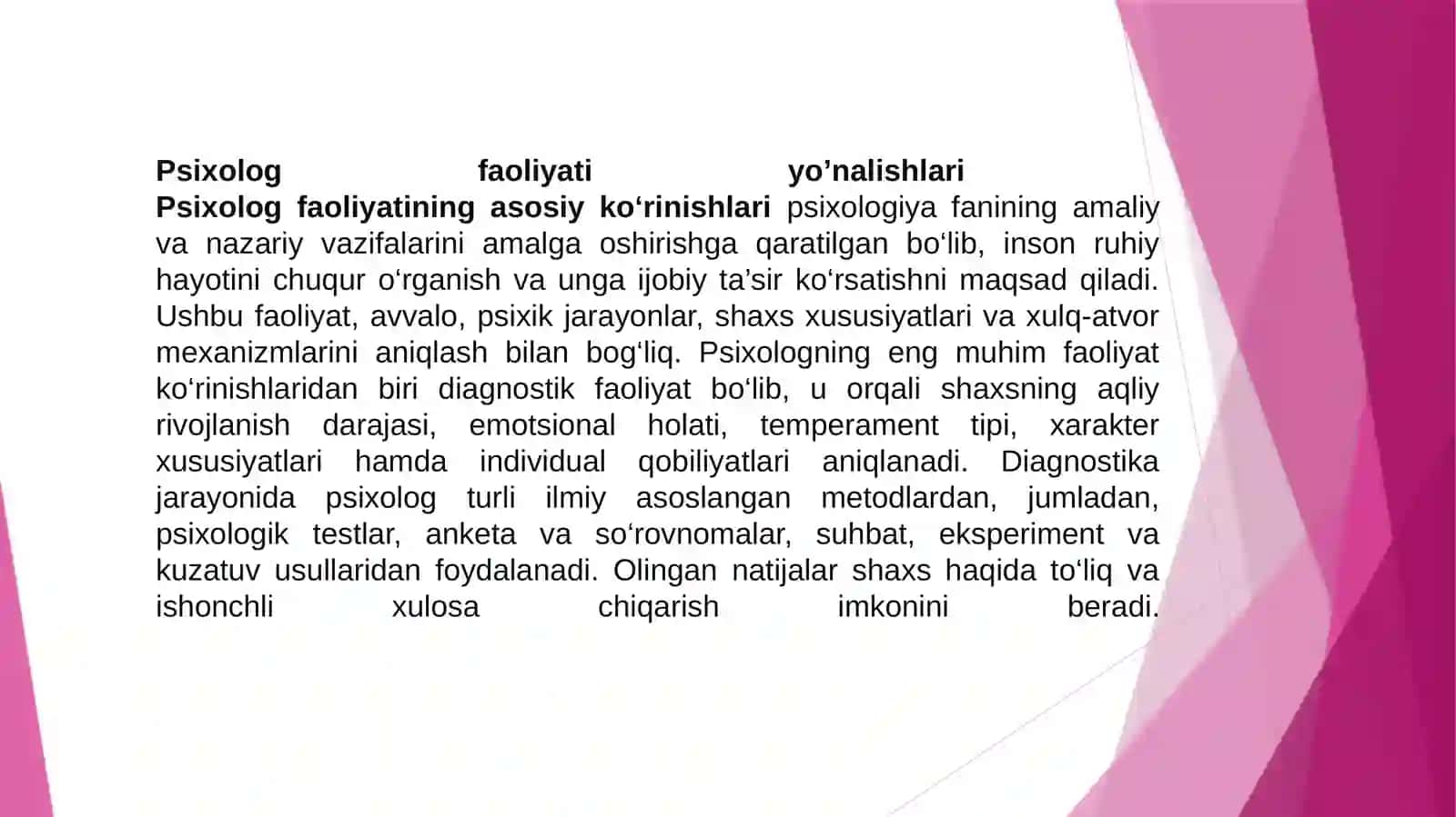 Psixolog faoliyatining ko’rinishi va sohalari 3